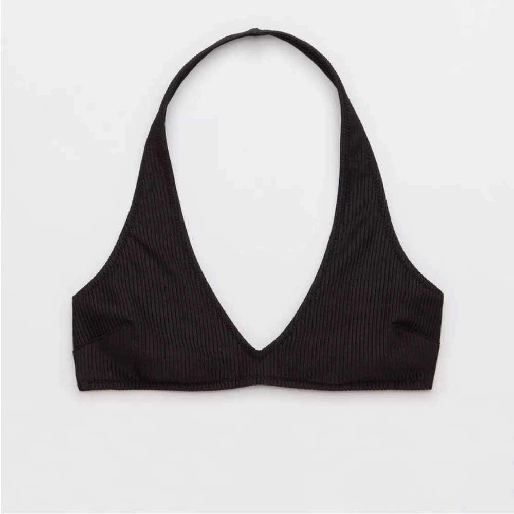 NWT Aerie Shine Rib Halter Bikini Top Ribbed Triangle Swim Black